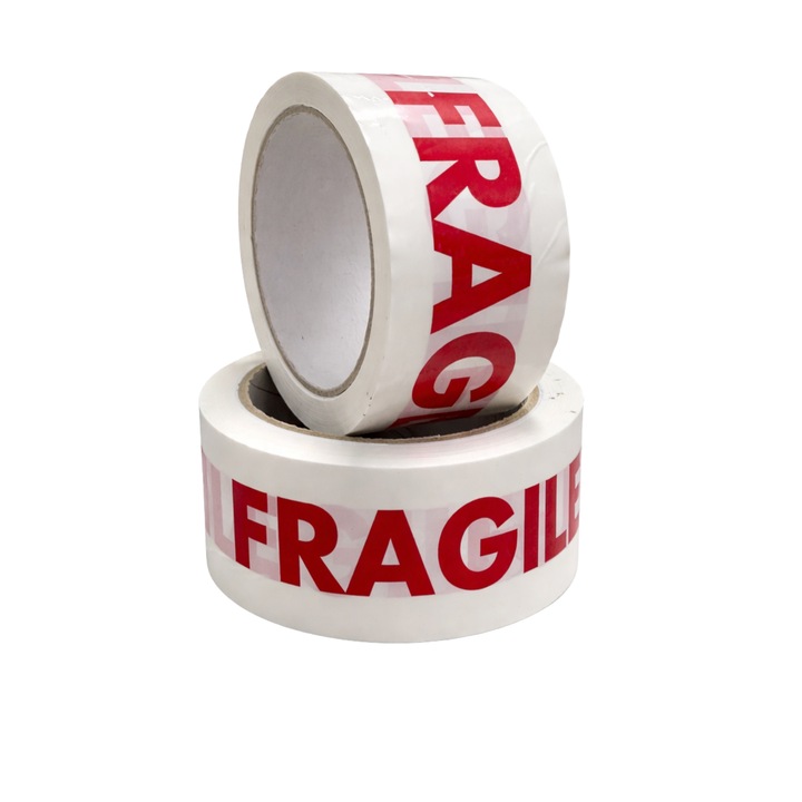 Set 36 role Banda adeziva „FRAGILE” AGO Print Premium, Imprimare Sandwich (Print protejat intre straturi), 48 mm x 60 m (36 x 60 m), 45 microni, Silentioasa