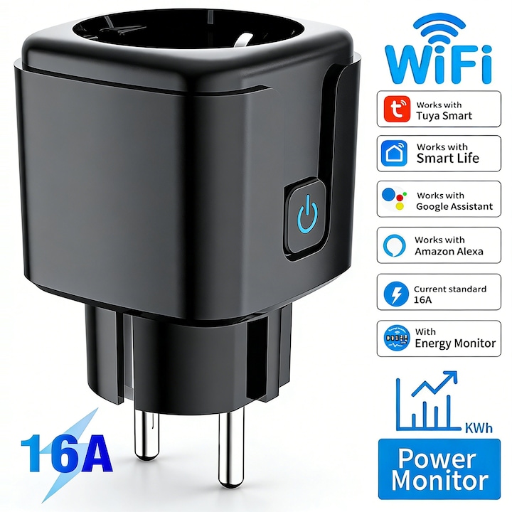 Контакт Smart Beeherb® Wi-Fi 16A 3680W, Мониторинг на консумация на енергия, Гласов контрол Alexa/Google, Приложение Tuya/SmartLife, Програмиране и таймер, Дистанционно управление, 100 - 240V, Матово черен
