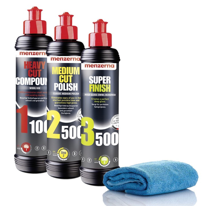 Комплект автомобилни козметични продукти Menzerna, полиращи пасти 1100 2500 3500 + микрофибър 3x250ml