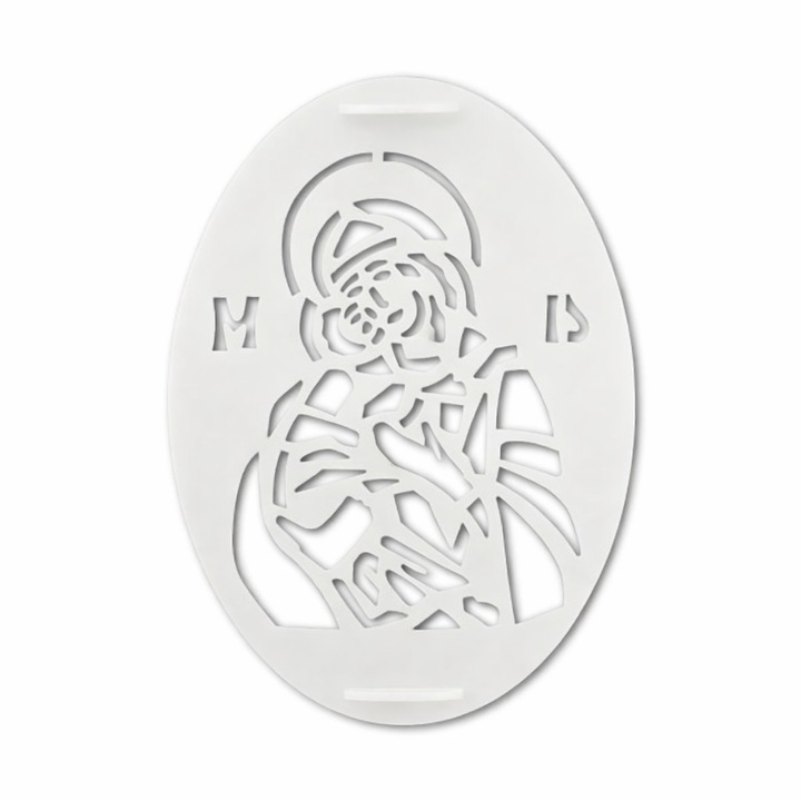 Sablon oval decor coliva cu icoana Maica Domnului cu Pruncul, forma decorare coliva, plastic alimentar, reutilizabil