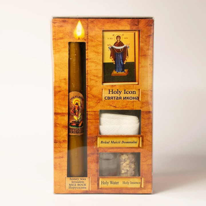 Pachet de Rugaciune „Braul Maicii Domnului” – Lumanare din Ceara de Albine, Brau Sfintit, Smirna, Apa Sfintita si Icoana - De la Biserica Nasterii Domnului din Betleem
