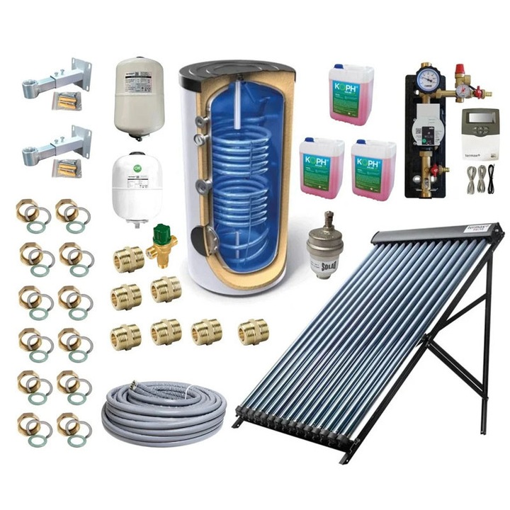 Pachet Solar Family Comfort 200 - Colector solar cu 24 tuburi vidate echipate cu heat-pipe, Termax Solar, Boiler stativ Tesy 200 litri, Grup pompare, Vas expansiune sanitar si Vas expansiune solar