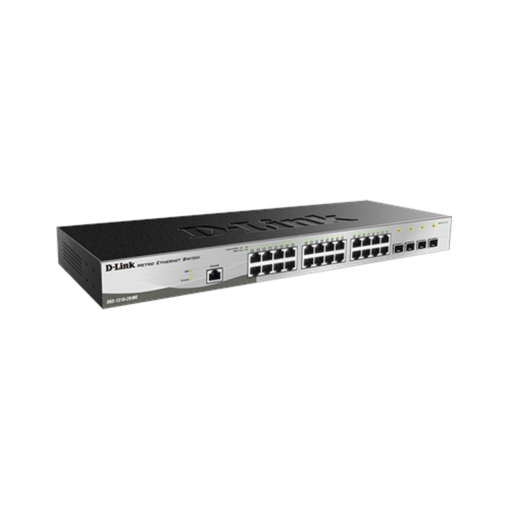 Switch D-Link DGS-1210-28/ME, 24 porturi Gigabit Ethernet, 4 porturi SFP, montabil pe rack