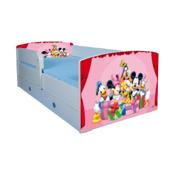 Pat Mickey si Prietenii cu protectie si sertar, alb, 130x60 cm