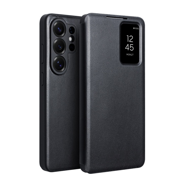 Калъф за Samsung Galaxy S26 Ultra, тип книга, естествена кожа, Smart View, Auto Sleep/Wake, Qialino Genuine Leather, Черен – Obsidian Black