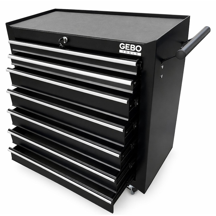 Dulap metalic neechipat pentru scule, cu 7 sertare, cu roti, GEBO TOOLS, negru, 78 x 62 x 33 cm