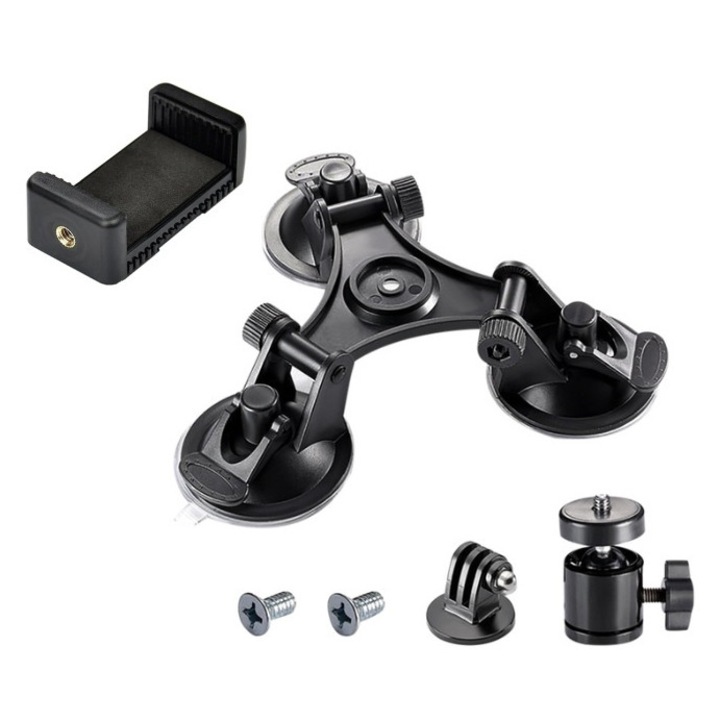 Система за фиксиране с 3 вендузи от 6, 8 см за спортна видеокамера Gopro Hero 1 2 3+ 4 5 6 7 8 9 10 11 12 13 session mini max dji insta360 sjcam universal, заедно с адаптер за 360 градуса 1/4 и държач за телефон