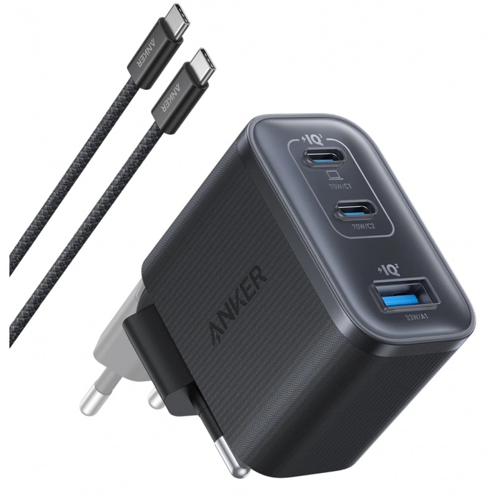 Incarcator Retea Cu Cablu USB-C Anker Nano, 70W, 3.5A, 1 x USB-A - 2 x USB-C, B121A311 Gri