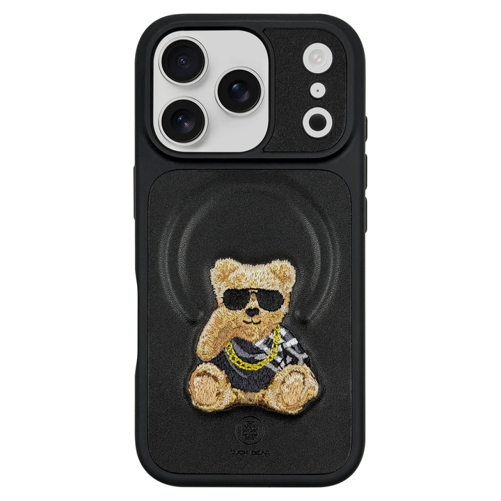Husa pentru iPhone 17 Pro Din Piele, Zuckbear, Everley, Ursulet Brodat, Piele Sintetica, Margini Din Silicon, Colturi Intarite, Negru