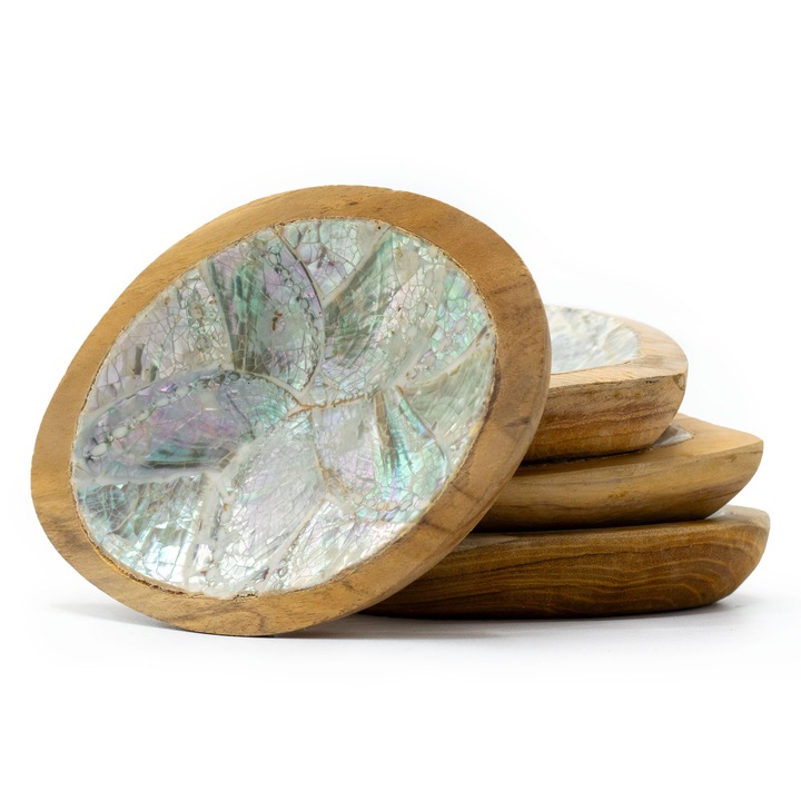 Set 4 Mini Mis Tekowych cu Decoratiune din Scoici, Ancient Wisdom