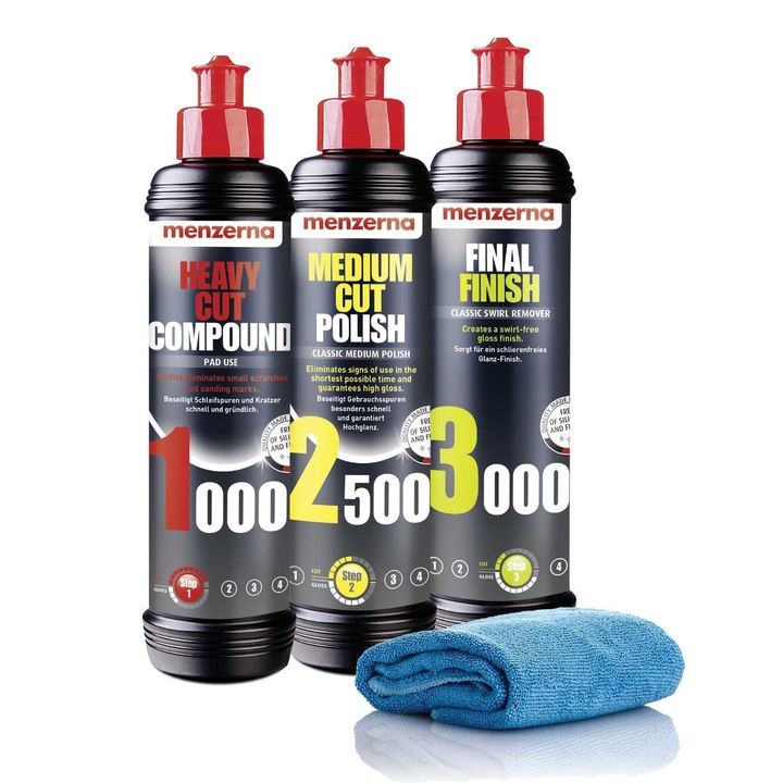 Set produse cosmetice auto Menzerna, Pasty Polerskie 1000 2500 3000 + Mikrofibra 3x250ml