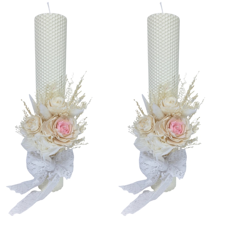 Set 2 lumanari nunta/cununie decorate cu flori ming, hortensie criogenata si flori naturale criogenate/uscate, 35 cm