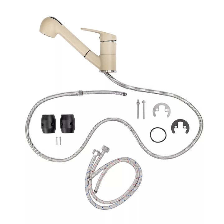 Baterie Bucatarie Extractibila Bej – Robinet Chiuveta Monocomanda, Pipa Flexibila, Rotire 360°, Set Complet Montaj