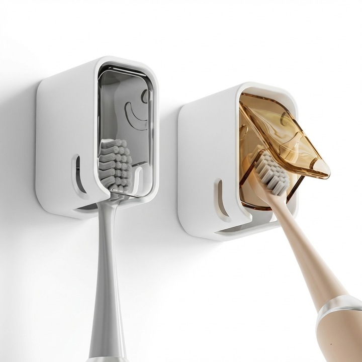 HygienicHolder – Set 2x Suport Periuta de Dinti cu Adeziv, Cutie Depozitare Igienica, Montaj pe Perete individual