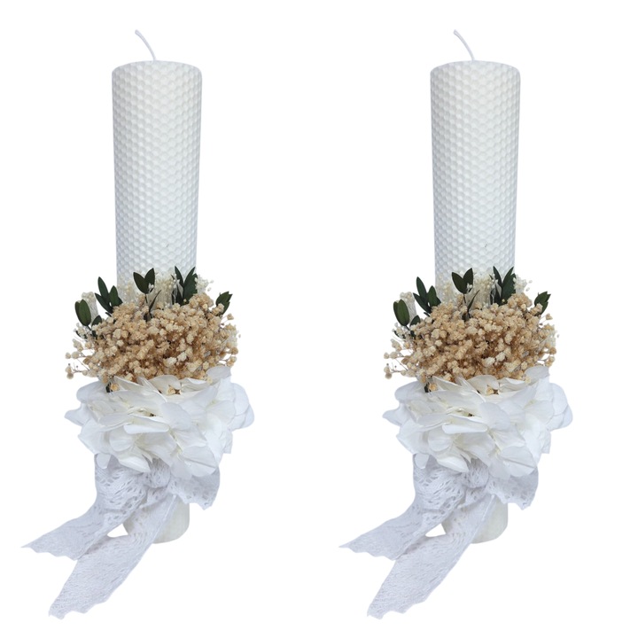 Set 2 lumanari nunta/cununie decorate cu gypsophiila si hortensie criogenata, 35 cm