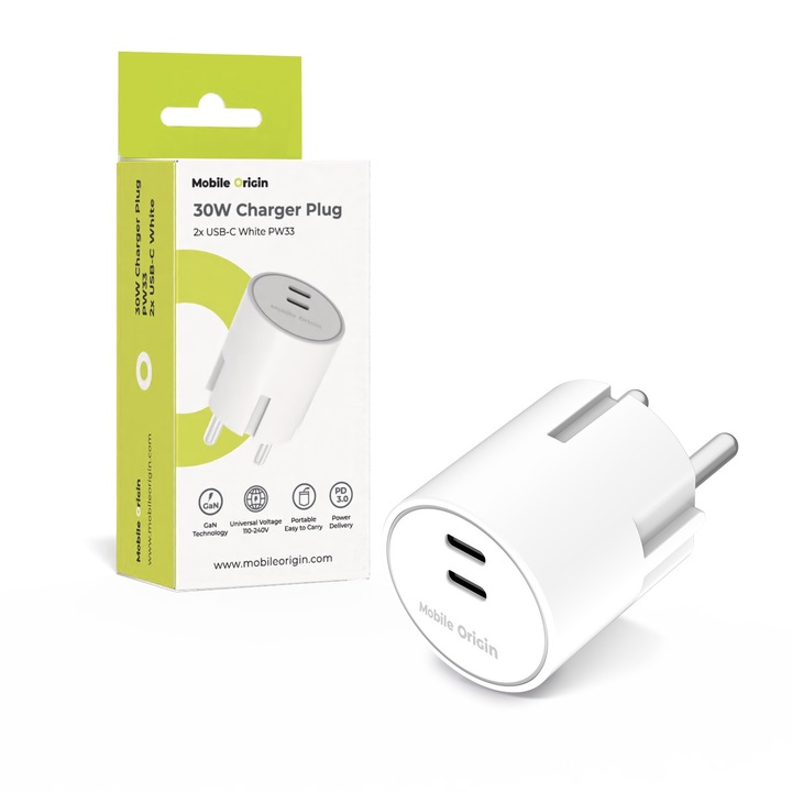 Mobile Origin GaN hálózati töltő, 30W, 2x USB-C, gyorstöltés, fehér