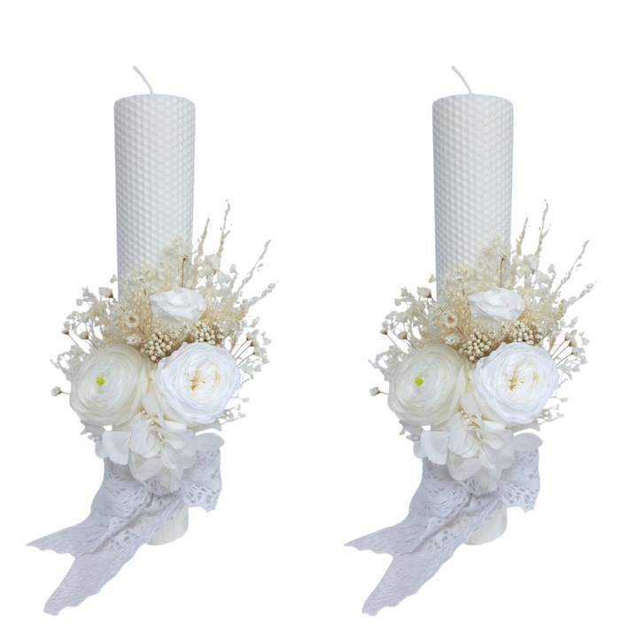 Set 2 lumanari nunta/cununie decorate cu ranunculus si trandafiri criogenati, 35 cm