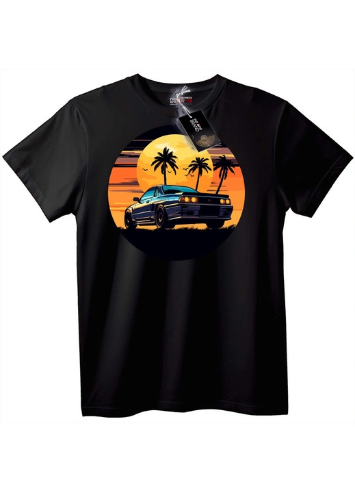 Tricou Mașină retro și apus de soare, Negru