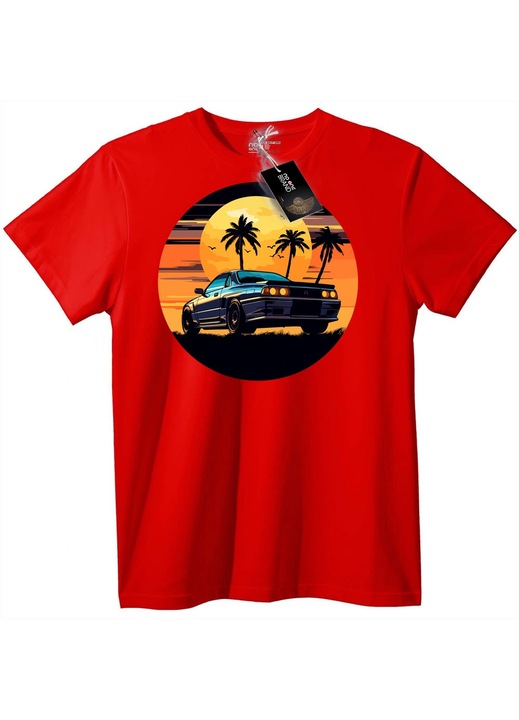 Tricou Mașină retro și apus de soare, Rosu