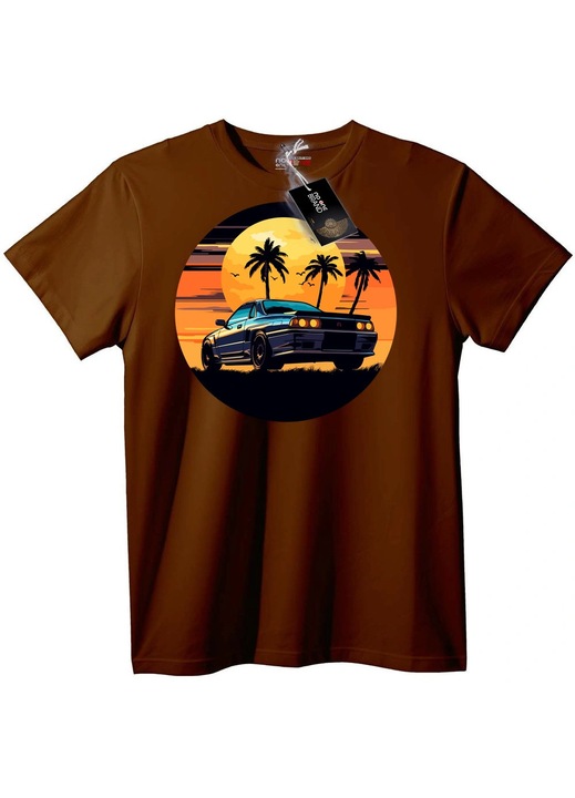Tricou Mașină retro și apus de soare, Maro