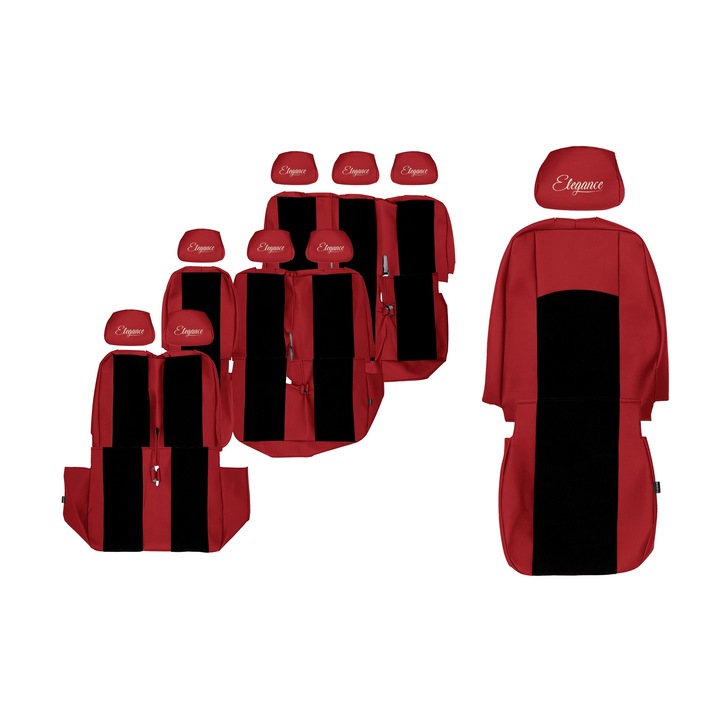Husă scaun F-CORE, 9 piese, pentru Volkswagen Transporter T5/T6, roșu, material textil și piele ecologică