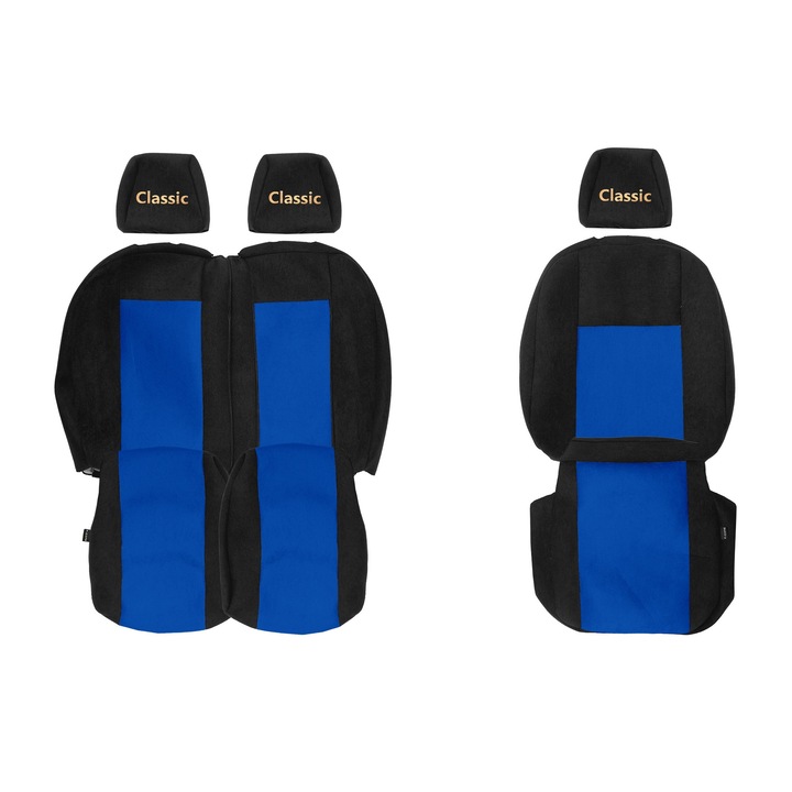Huse scaune F-CORE CLASSIC, set 3 piese, albastru, pentru FORD TRANSIT VIII MK8, scaun pasager dublu 1+2, masa în spătarul dublu