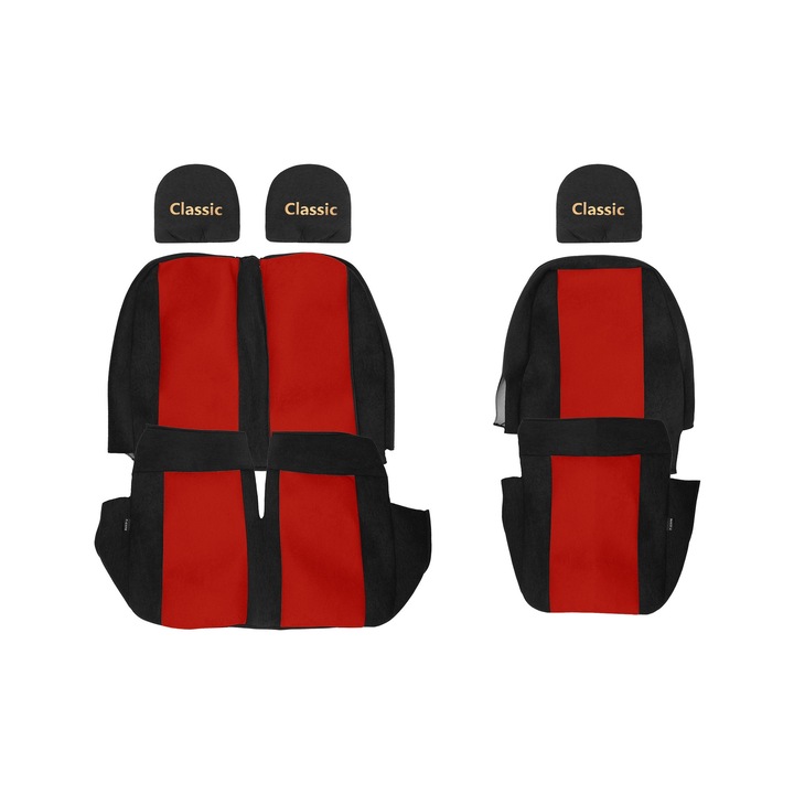 Huse scaune F-CORE Classic, set 3 piese, roșu, pentru VOLKSWAGEN CRAFTER I, scaun pasager dublu, masă în spătarul dublu