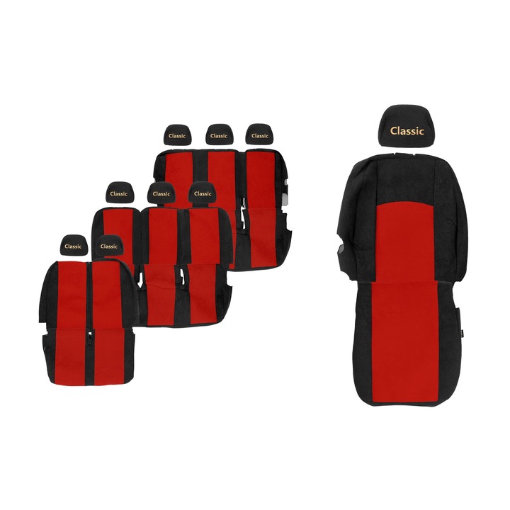 Huse scaune F-CORE, set 9 piese, 3 randuri, rosu, pentru Renault Trafic II/OPEL Vivaro I/Nissan Primastar
