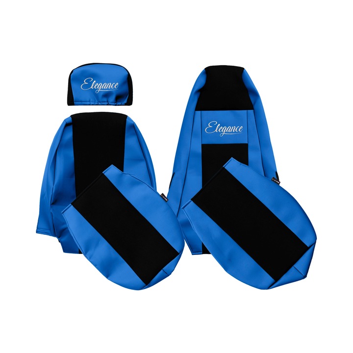 Huse scaune F-CORE ELEGANCE S, albastru, set 2 piese, tetiera integrată, material velur și piele ecologică