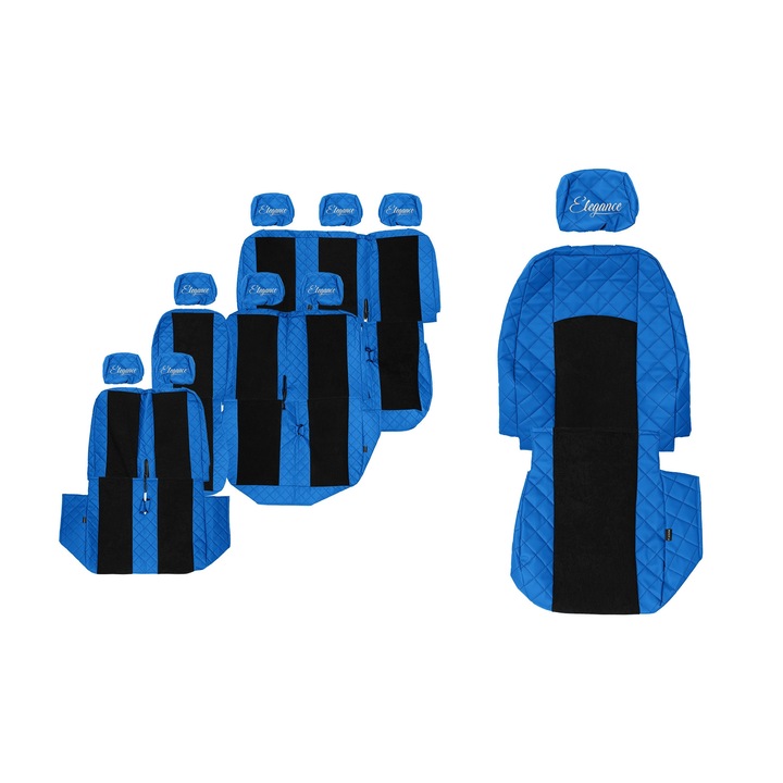 Huse scaune F-CORE, 9 piese, Albastru, pentru Volkswagen Transporter T5/T6, 3 randuri