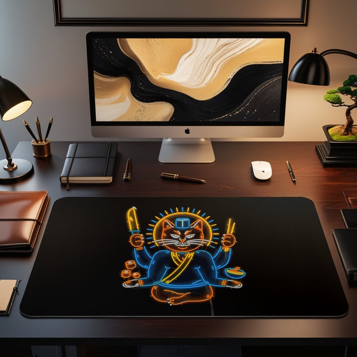 Mousepad Deskmat Sushi cat neon sign 800x400x4 mm margini cusute Oktane