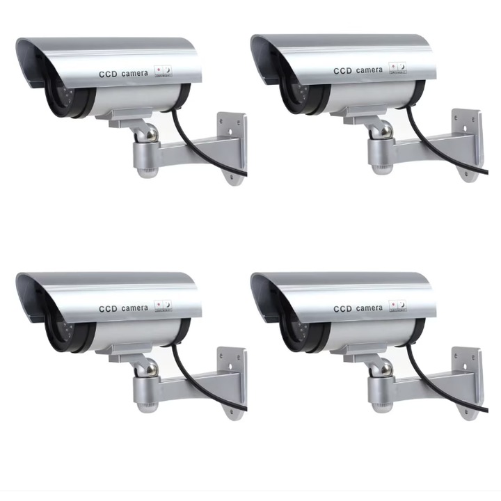 Set 4 x camera de supraveghere falsa KINGLION pentru exterior/interior, led rosu intermitent, rotire 360°/90°, waterproof, baterii AA, argintiu