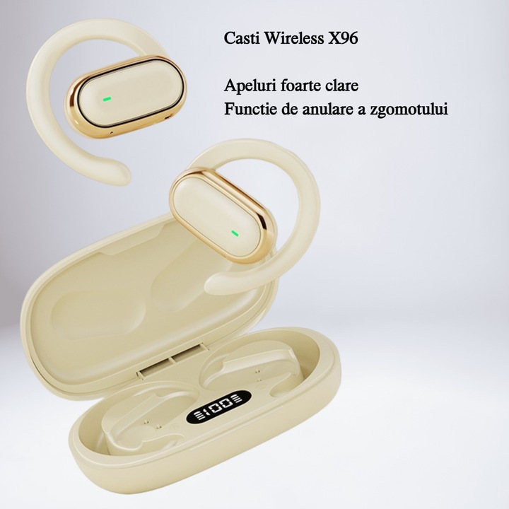 Casti Bluetooth Wireless X96 prindere pe ureche, zgomot exclus apel, auton. 28h, display baterie