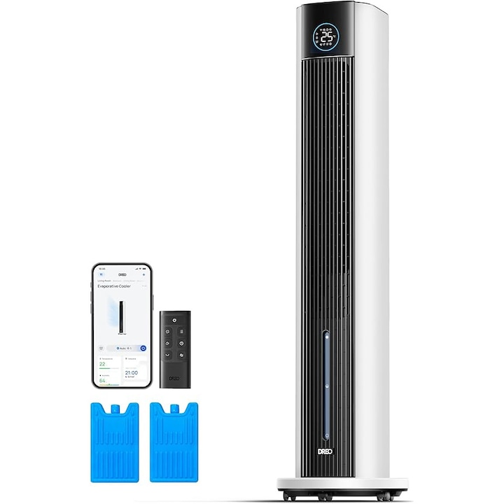 Racitor aer cu apa DREO DR-HEC002S, ventilator fara pale 3 in 1 (racire, ventilare, umidificare), 6L, control aplicatie, 4 viteze, oscilatie 80°, timer 12h, alb