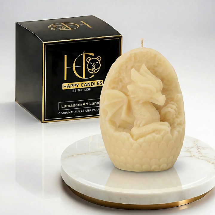 Свещ от естествен пчелен восък, Happy Candles, Драконово яйце, слонова кост, ръчна изработка, Хелоуин, 230гр