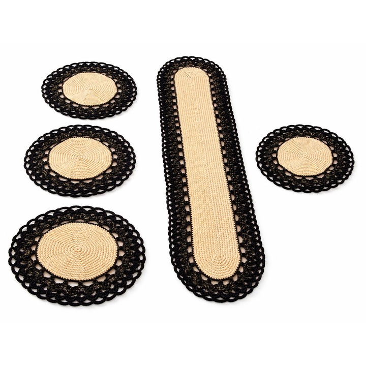 Set decorativ pentru masa, crosetat, traversa 100 cm x 20 cm, suporturi rotunde 28 cm