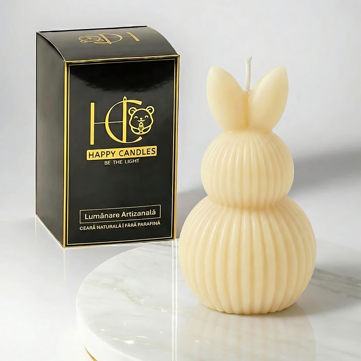 Свещ от естествен пчелен восък, Happy Candles, Великденско яйце с уши Модел 3, Слонова кост, Ръчна изработка, Великден, 70гр