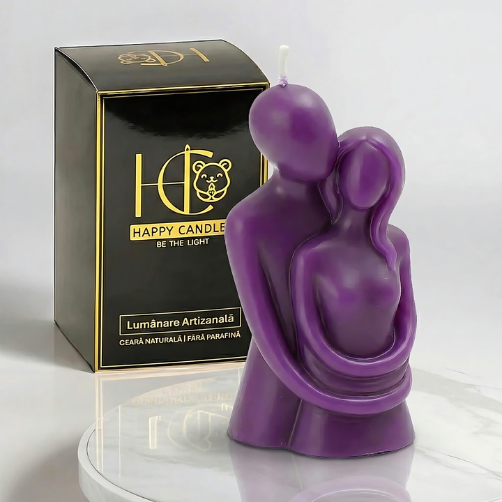 Свещ от естествен пчелен восък, Happy Candles, прегърната двойка, лилава, ръчно изработена, Свети Валентин, 100g