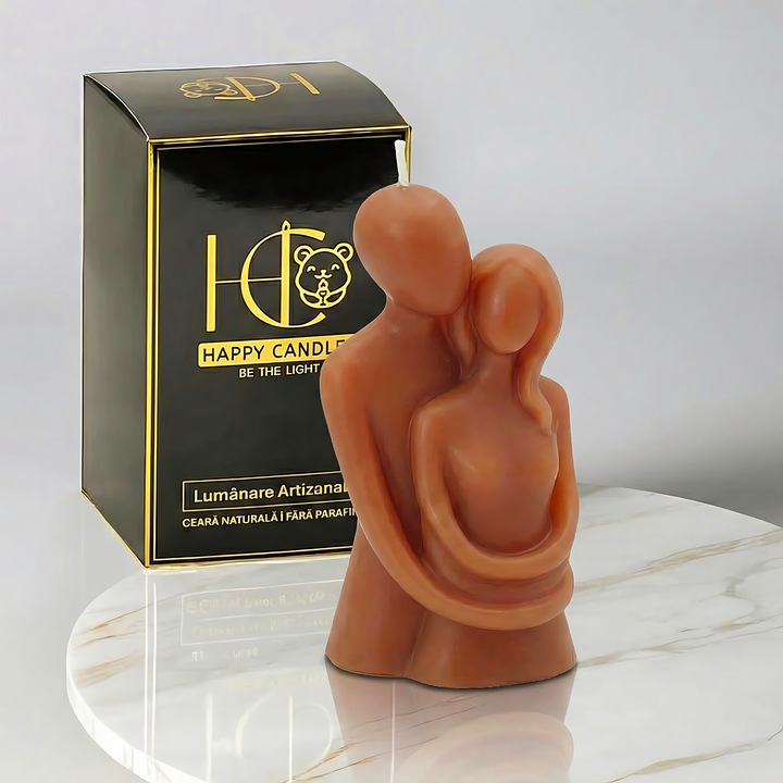 Свещ от естествен пчелен восък, Happy Candles, прегърната двойка, корал, ръчна изработка, Свети Валентин, 100g