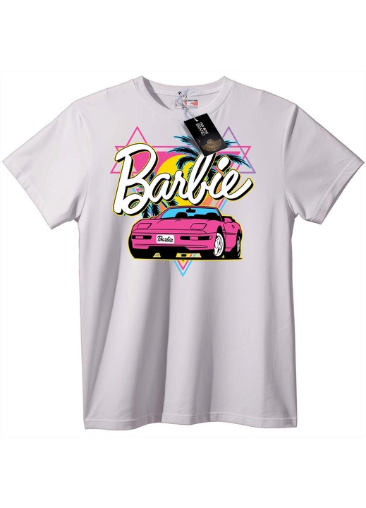 Tricou Barbie mașină roz retro, Alb