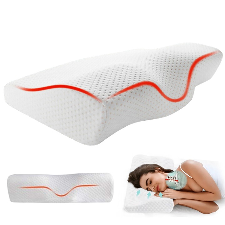 Juksun Perna ergonomica din spuma cu memorie 50x30cm, suport perfect pentru cap, gat, umeri si spate, respirabila, husa detasabila si lavabila, fara substante chimice - Pentru somn confortabil Alb