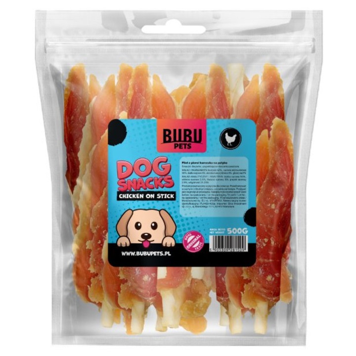 Biscuiti pentru caini, Bubu Pets, filete din piept de pui pe bat, 0,5kg