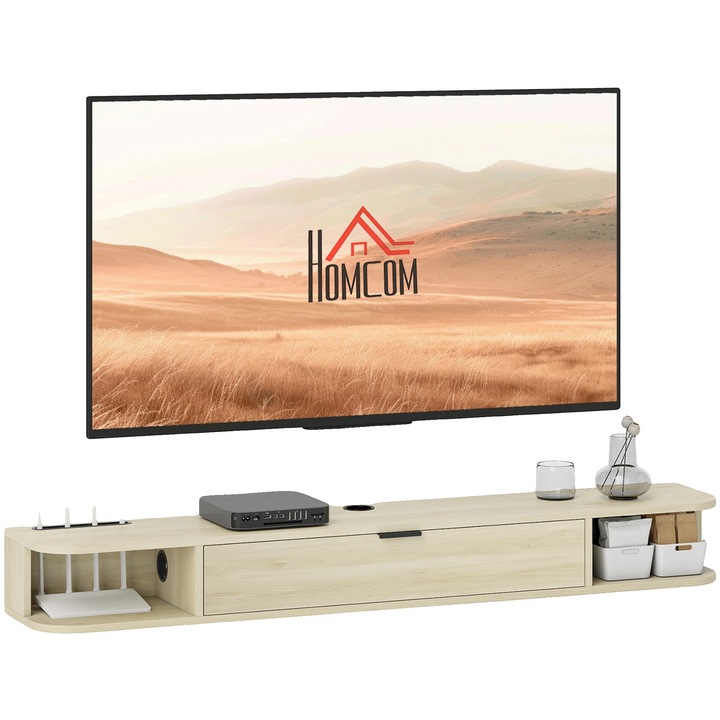 TV bútor, falra szerelhető design, nyitott polcok, 140x24x16 cm, natúr fa