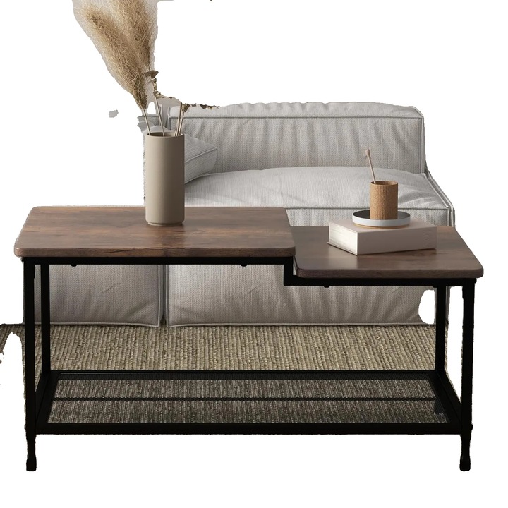 Masa de cafea, 100x50x48cm, design cu doua niveluri, capacitate de incarcare 300 kg, MDF si cadru din otel