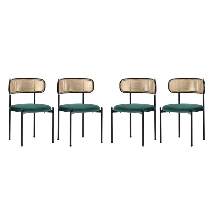 Set de scaune, catifea verde, cadru metalic, 75x45x40 cm, 4 bucati