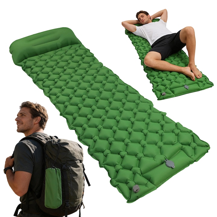 Saltea gonflabila Juksun pentru camping, 190x60x5cm, umflare rapida prin calcare, material TPU rezistent, verde