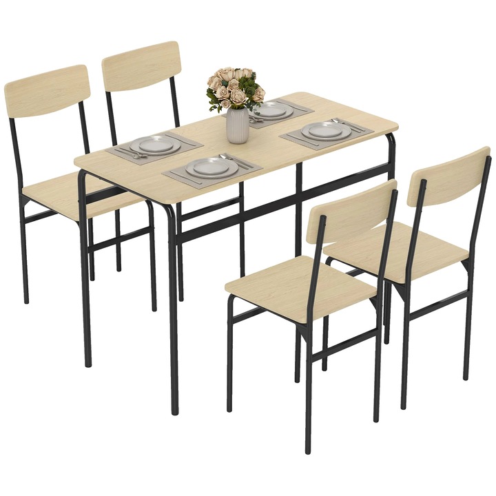 Set masa de dining, 4 locuri, design compact, negru/maro, MDF cu cadru metalic