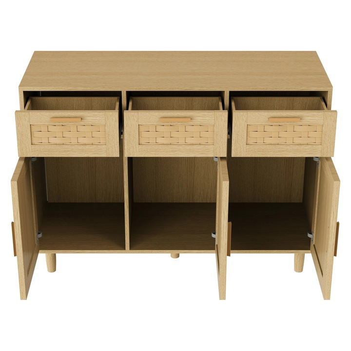 Rattan komód, Nappali tálalószekrény/sideboard, 3 fiók, rattan előlap, fa keret, modern stílus, összeszerelést igényel, tölgy