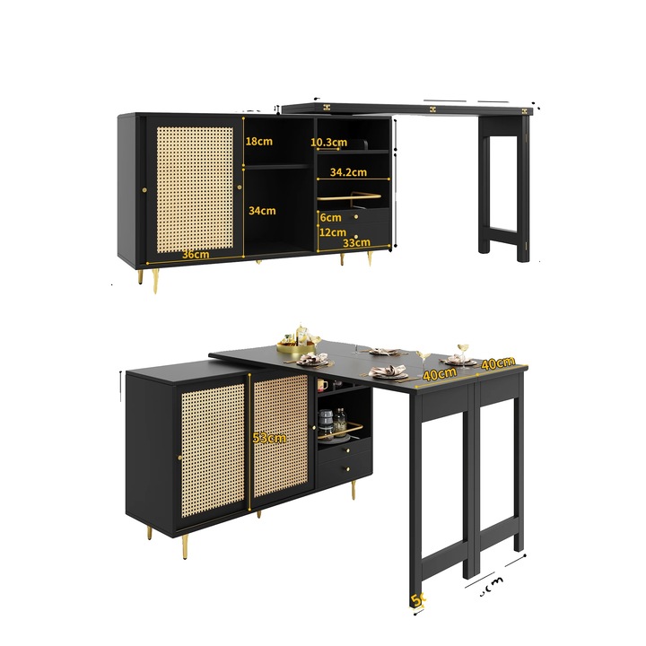 Бар маса, въртящ се на 360° дизайн, разтегателен, 107x40x71.4cm, черен