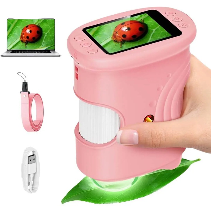 Microscop portabil Bedee, 1000x, 2MP, roz, 8 LED-uri